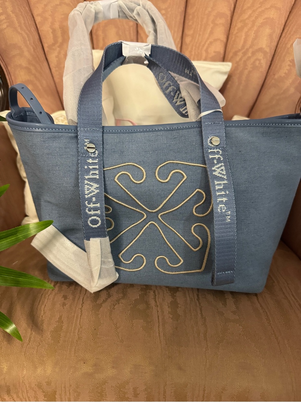 Off-White Light Blue Canvas Tote with Embroidered Logo